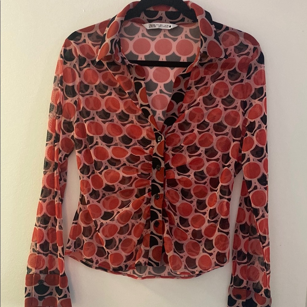 Zara Red and Black Sheer Button-Up Blouse